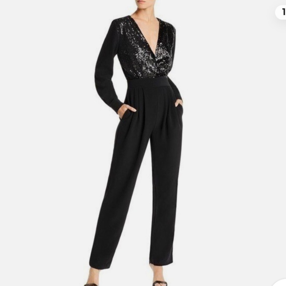LINI Women's Black Stella Sequined Long-Sleeve V-Neck Jumpsuit Party NWT